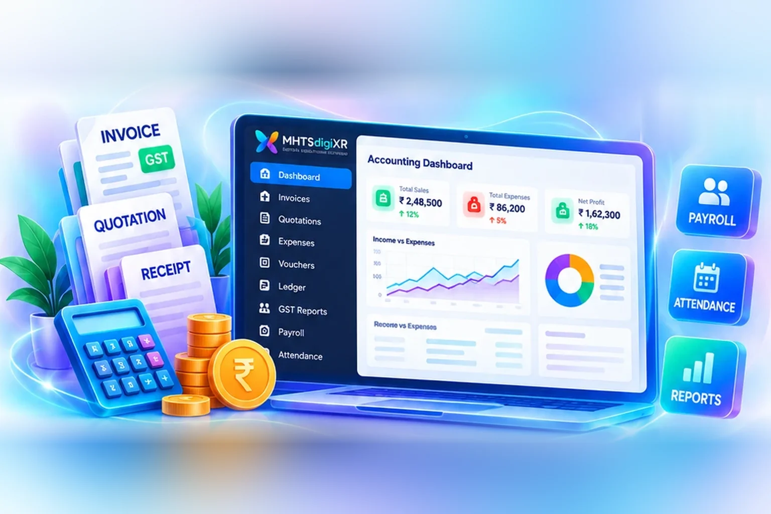 Illustration of the MHTSdigiXR Accounting App: a dashboard with sales, expenses and net profit, alongside invoice, quotation and receipt documents and payroll, attendance and reports tiles