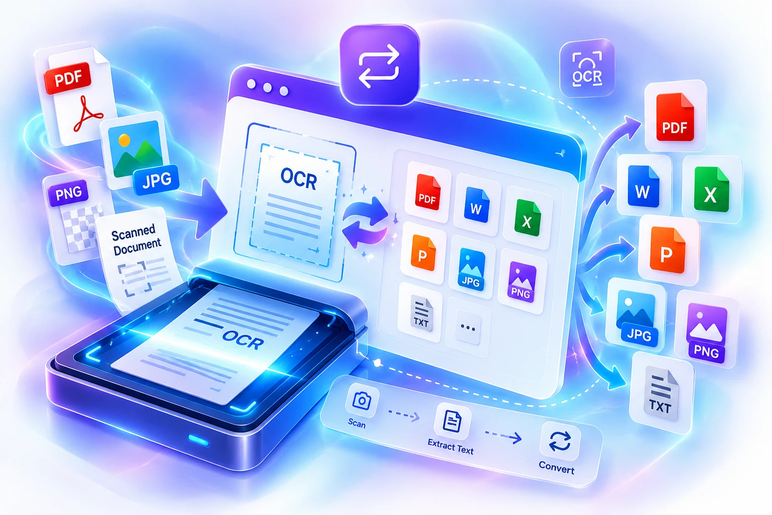 Illustration of the Universal Converter: PDF, image and scanned documents passing through OCR and converted into Word, Excel, PowerPoint, PDF and image files