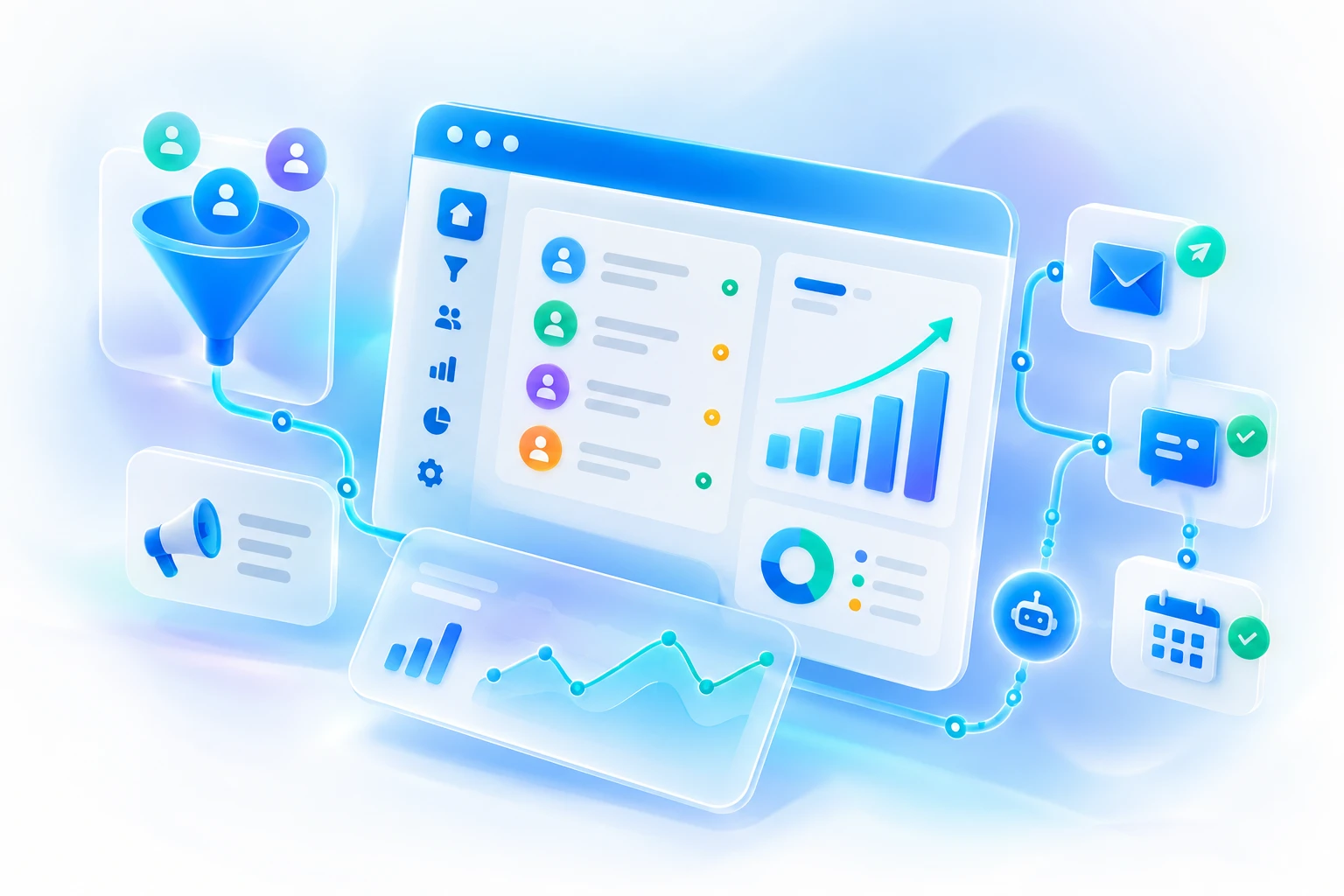 Illustration of the MHTSdigiXR CRM: leads flowing through a funnel into a dashboard with pipeline, charts and automated email follow-ups