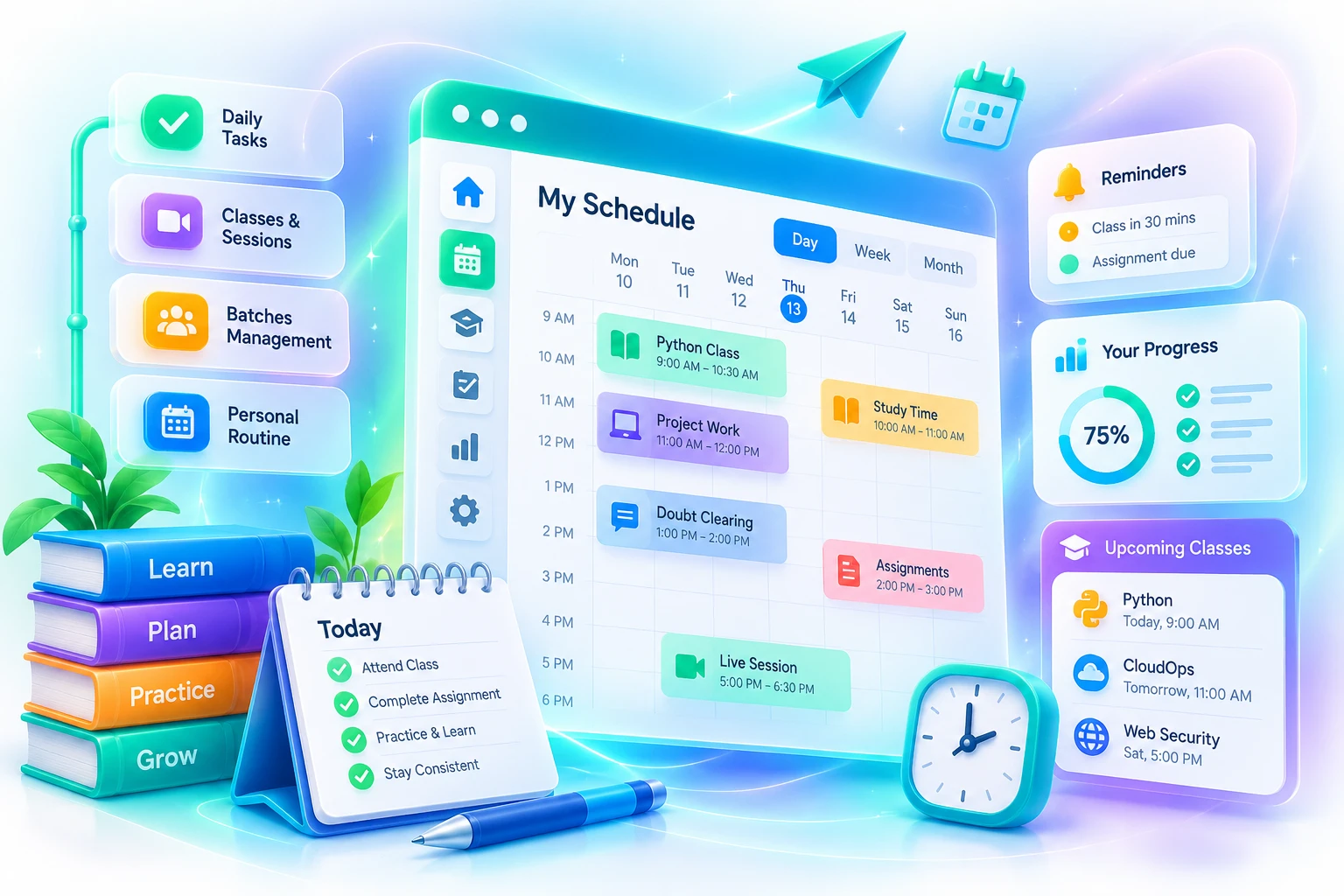 Illustration of the Learning Scheduler: a weekly calendar with classes, study time and live sessions, plus daily tasks, reminders and progress