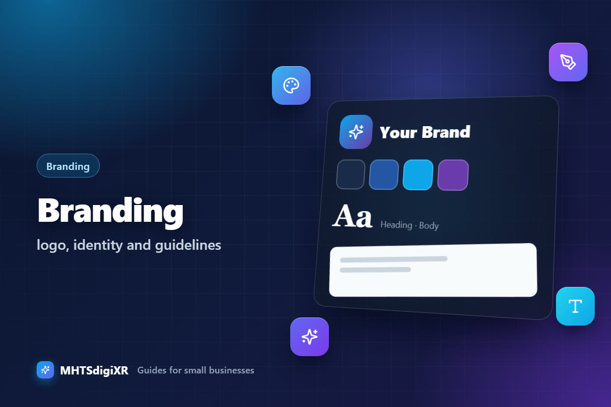 Branding guide cover: a brand board with a sample logo, a four-colour palette, a typography sample and a business card, with palette, pen, type and sparkle icons