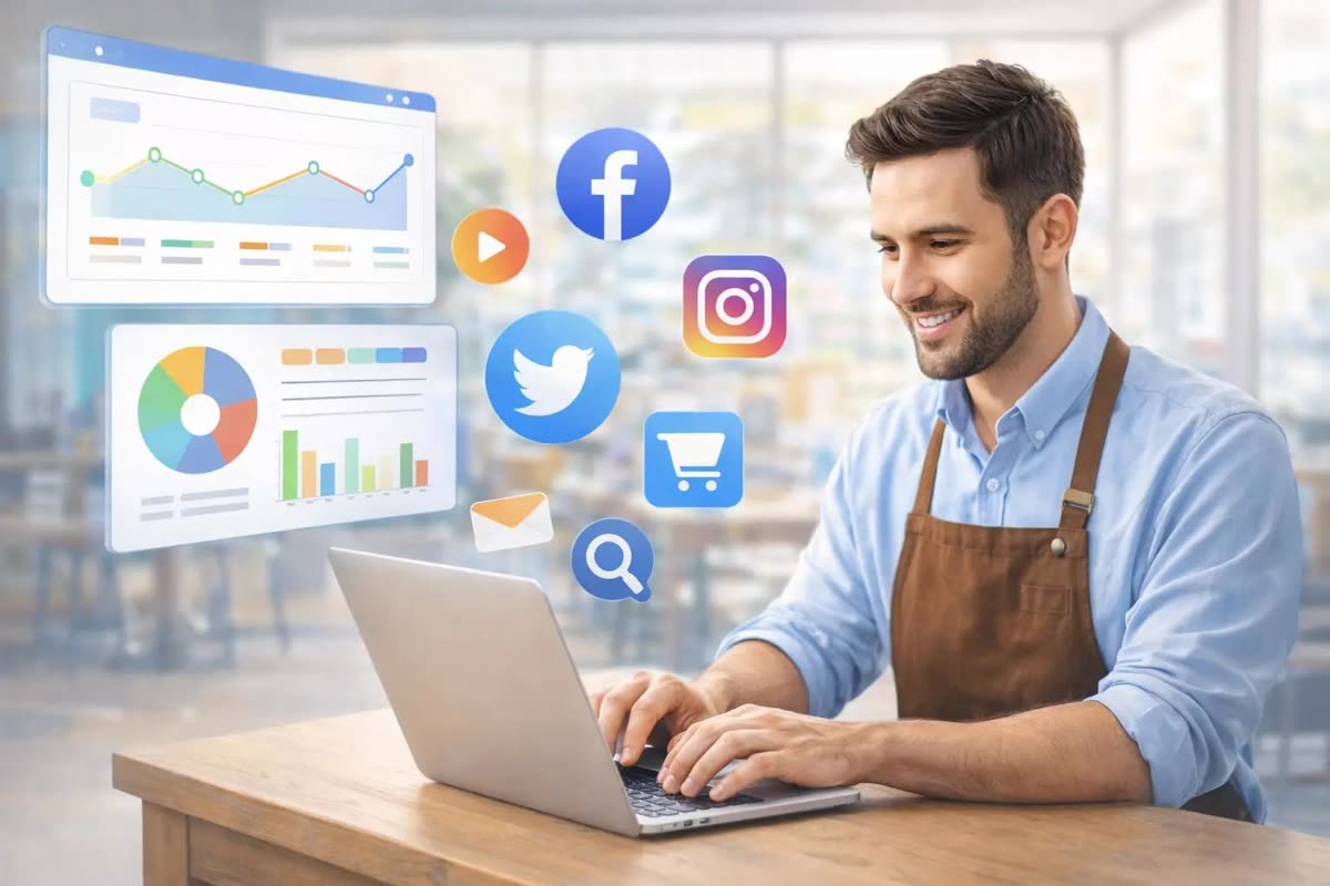 Small business owner at a laptop with analytics dashboards and social media, search, email and shopping icons around the screen