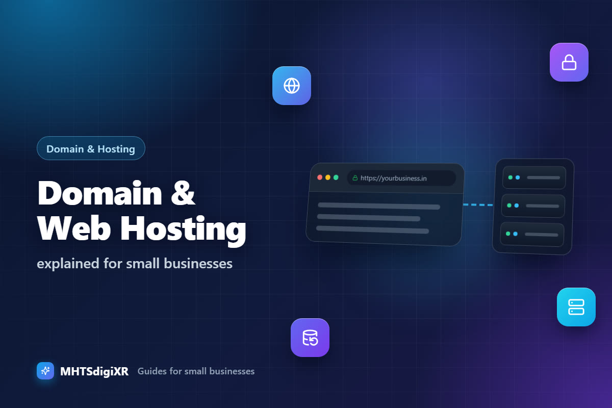 Domain and Web Hosting guide cover: a secure https browser window connected to a server rack, with globe, padlock, server and backup icons