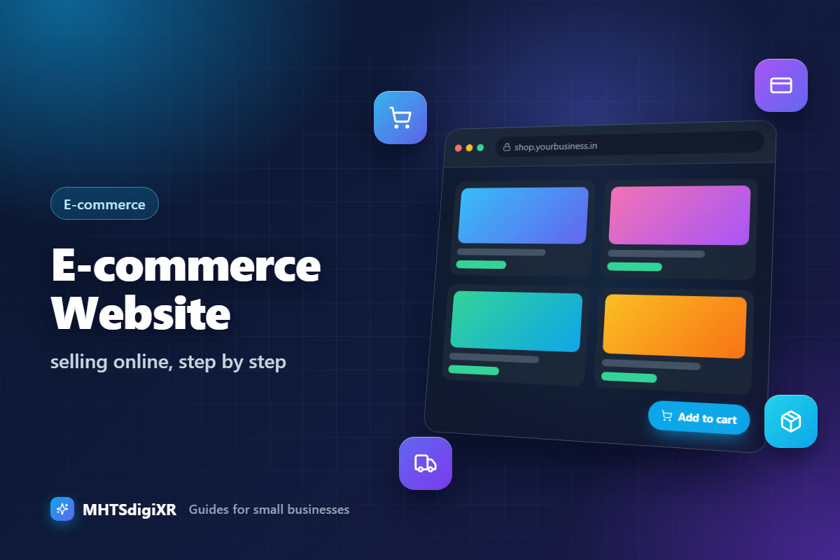 E-commerce Website guide cover: an online store window with a product grid and an Add to cart button, with cart, card payment, parcel and delivery van icons