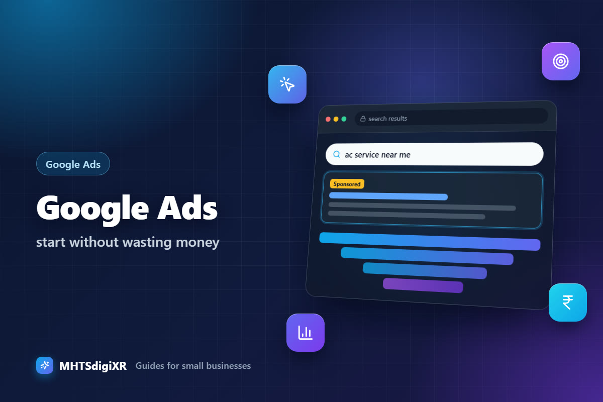 Google Ads guide cover: a search results window with a sponsored ad and a narrowing funnel, with click, target, rupee and bar chart icons