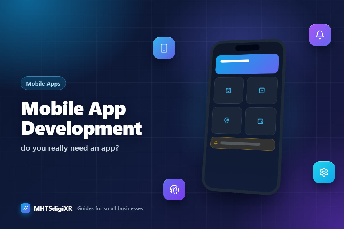 Mobile App Development guide cover: a smartphone showing an app home screen with feature tiles and a notification, with phone, bell, settings and fingerprint icons