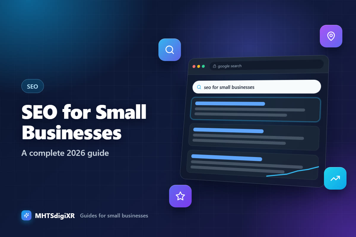SEO for Small Businesses guide cover: a search results window with a highlighted top result, a rising ranking line and search, map pin, trend and star icons