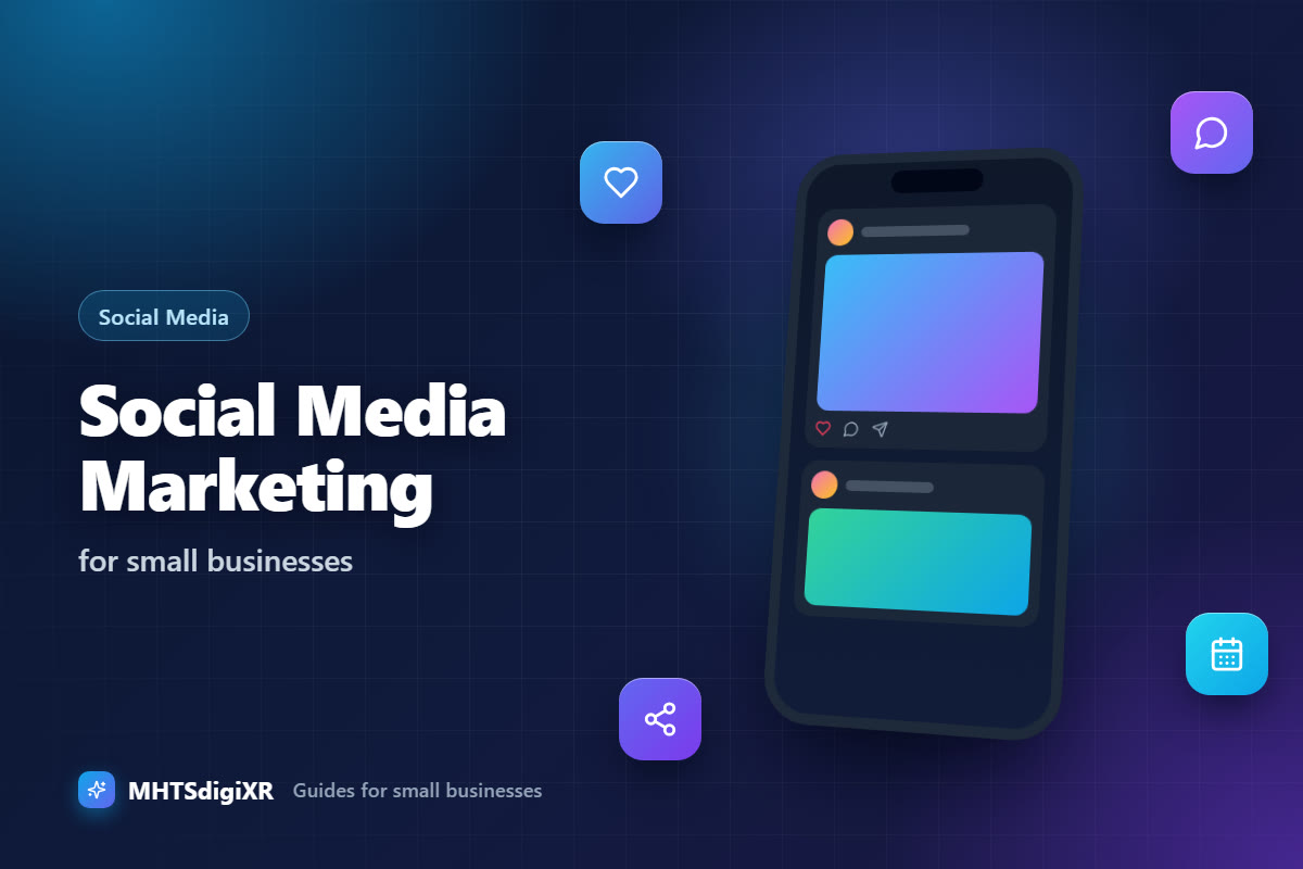 Social Media Marketing guide cover: a smartphone showing social media posts with like and comment buttons, with heart, chat, calendar and share icons