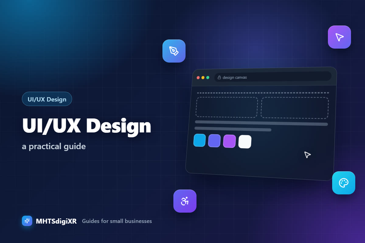 UI/UX Design guide cover: a design canvas with dashed wireframe boxes, colour swatches and a cursor, with pen, pointer, palette and accessibility icons
