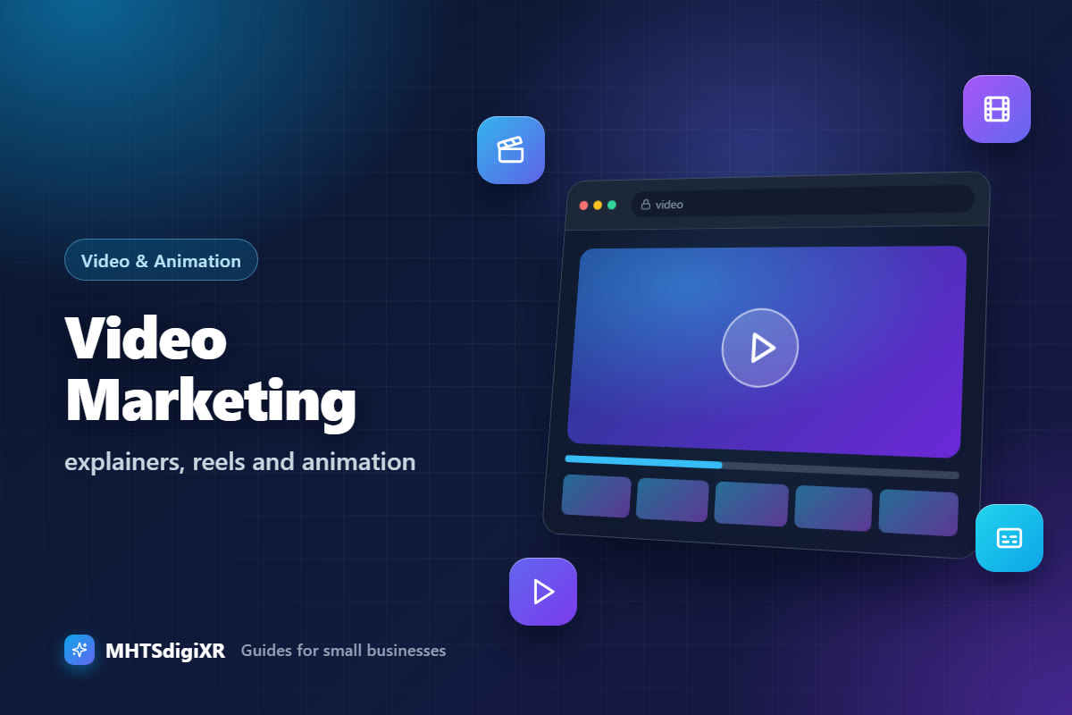 Video Marketing guide cover: a video player with a play button, a progress bar and a strip of frames, with clapperboard, film, captions and play icons
