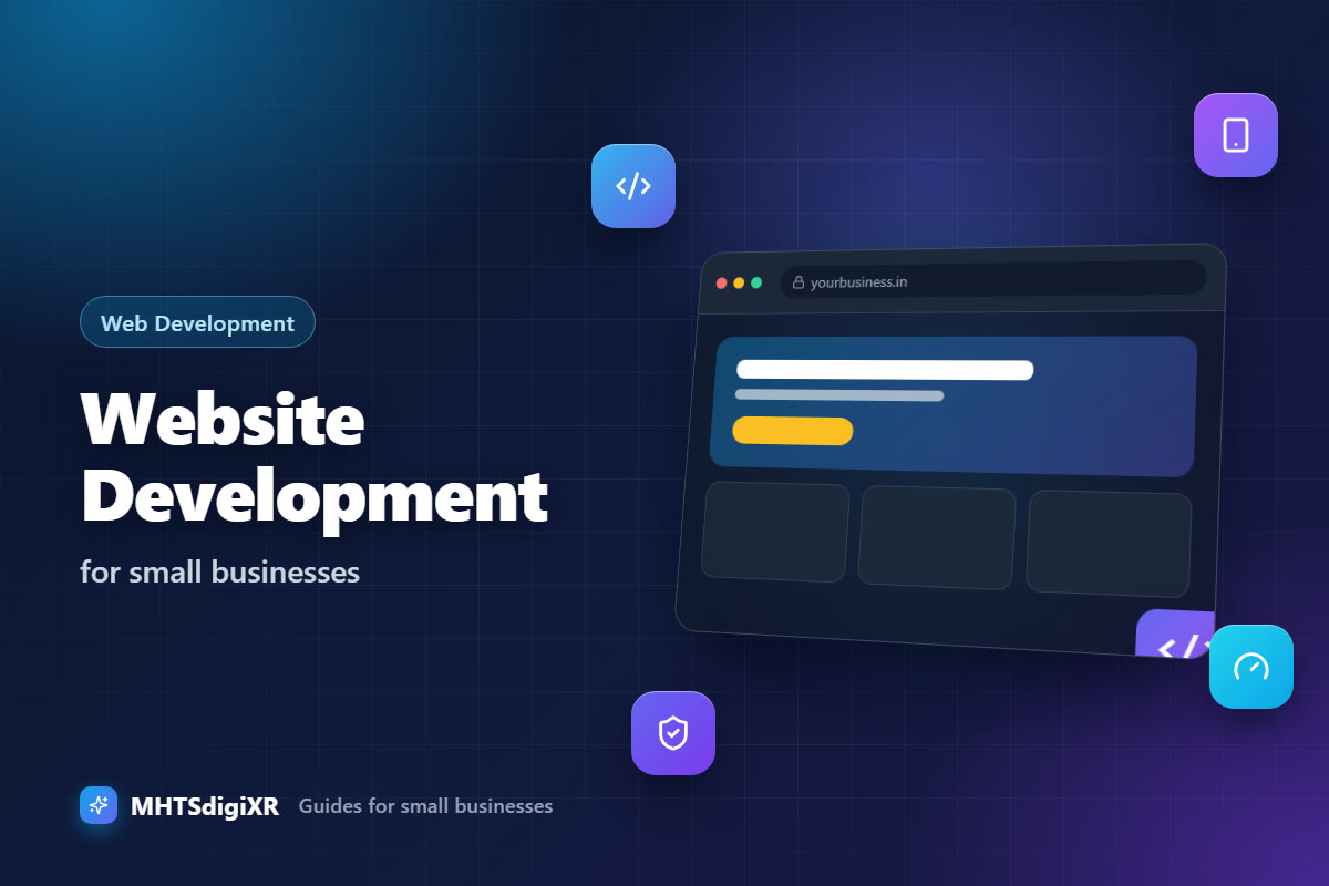 Website Development guide cover: a browser window showing a website layout with a hero banner and content cards, with code, phone, speed and security icons
