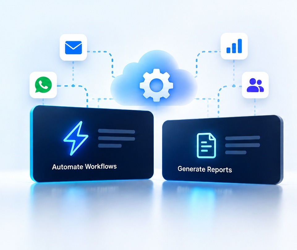 Automate Workflows and Generate Reports panels connected to email, WhatsApp, analytics and CRM/LMS